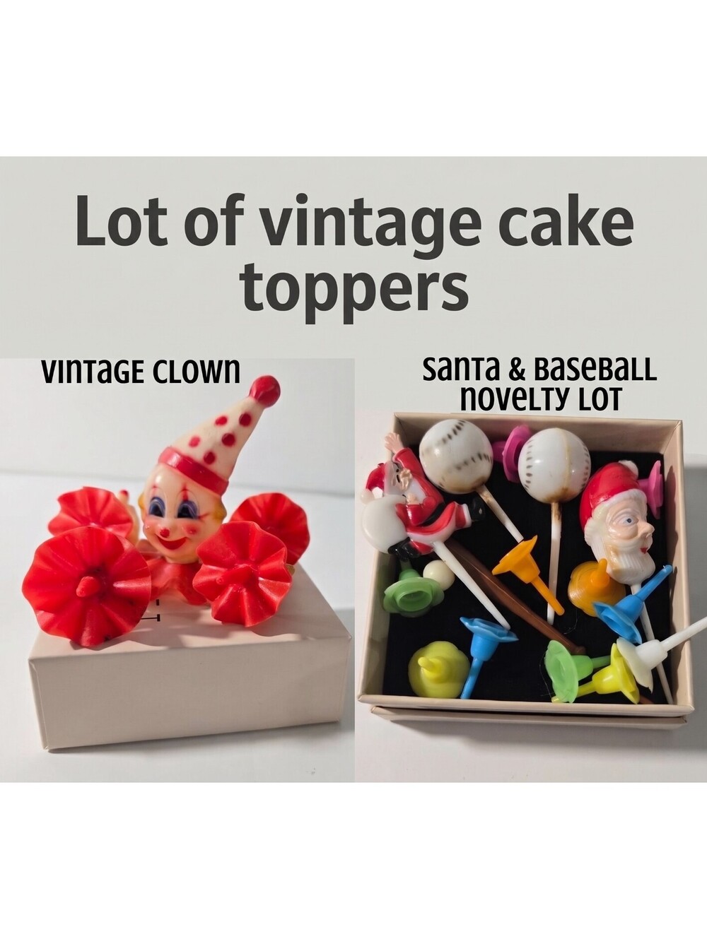 Retro Plastic Cake Toppers & Candle Holders 20+ pcs Lot Clown Santa Birthday